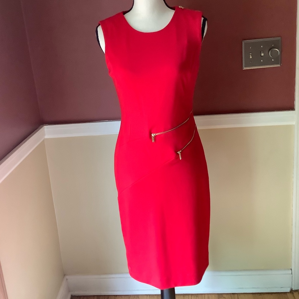 Red Sleeveless Sheath Dress with Asymmetrical Zip Detail